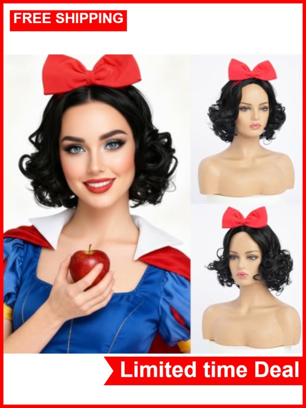 Short wavy black wig with red bow headband for women cosplay costume
